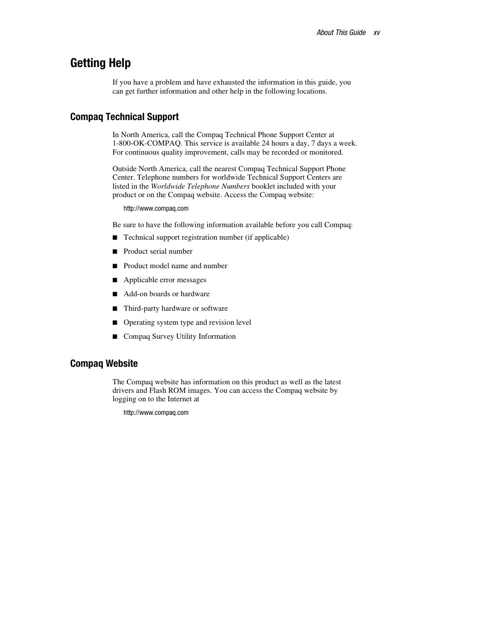 Getting help, Compaq technical support, Compaq website | HP ProLiant DL760 Server User Manual | Page 15 / 229