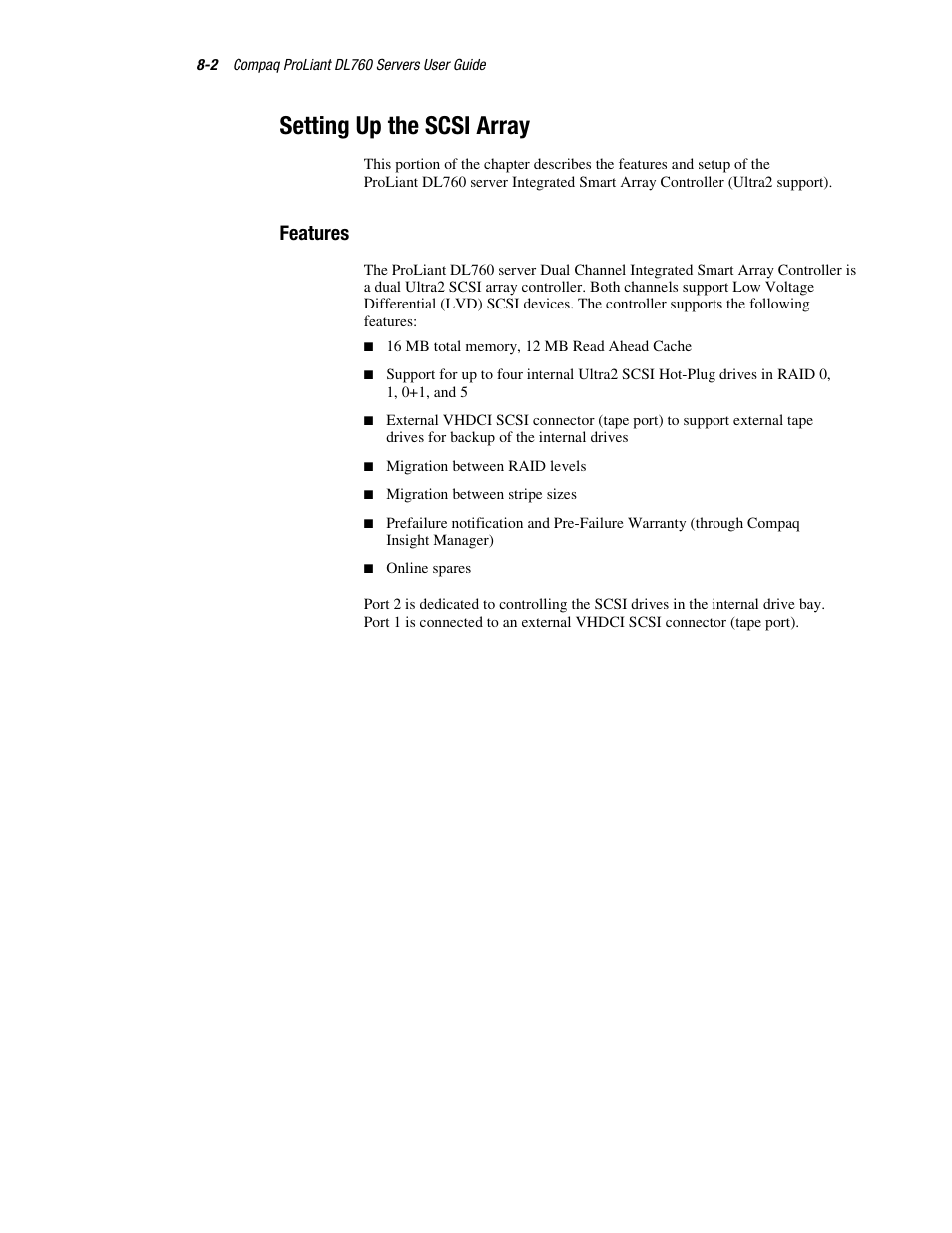 Setting up the scsi array, Features, Setting up the scsi array -2 | Features -2 | HP ProLiant DL760 Server User Manual | Page 150 / 229