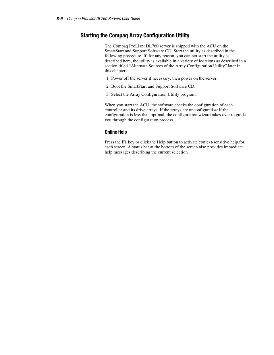 Starting the compaq array configuration utility, Online help, Starting the compaq array configuration utility -6 | HP ProLiant DL760 Server User Manual | Page 154 / 229