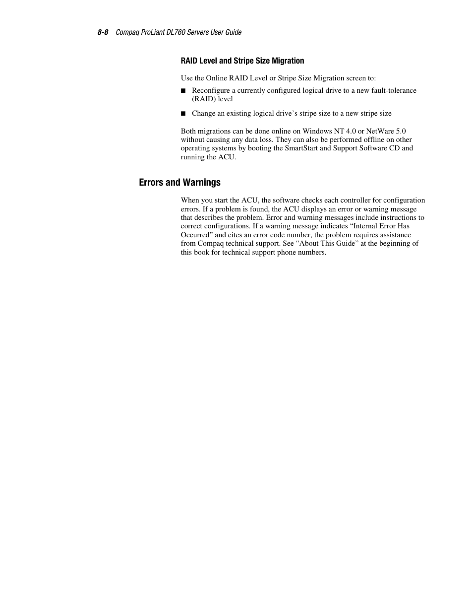 Raid level and stripe size migration, Errors and warnings, Errors and warnings -8 | HP ProLiant DL760 Server User Manual | Page 156 / 229