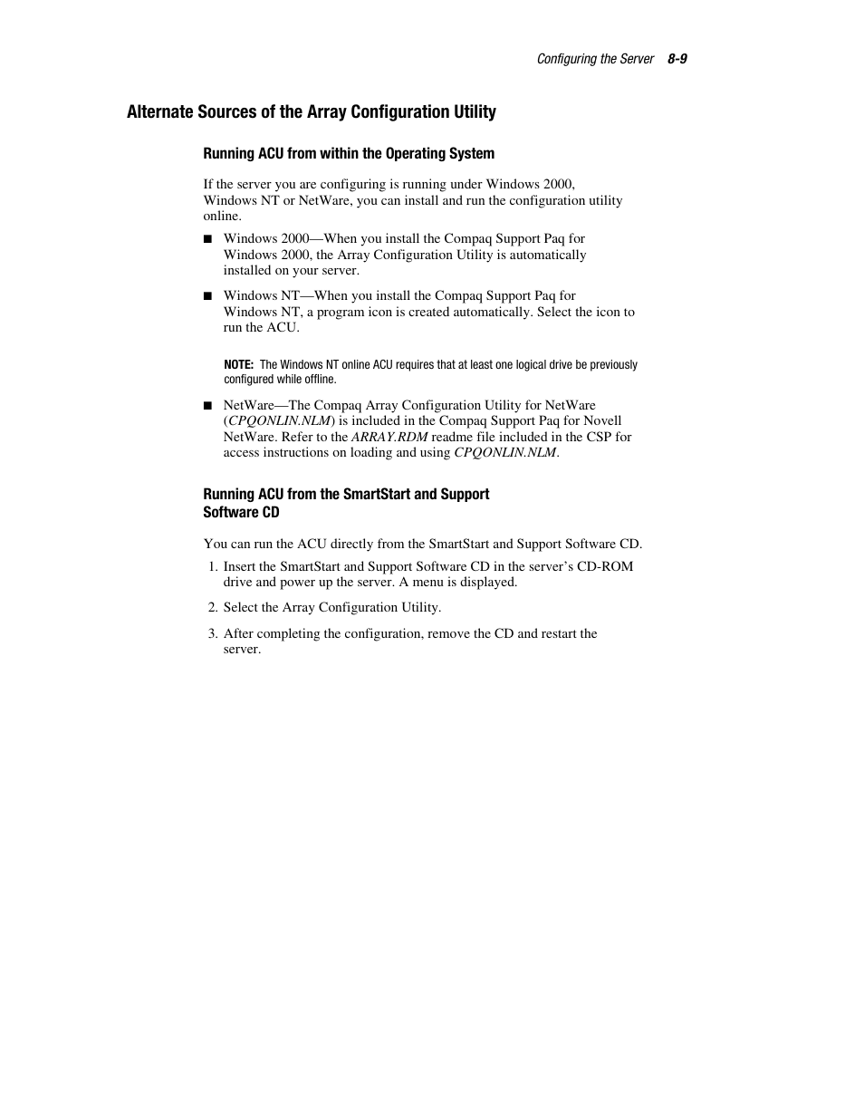 Running acu from within the operating system | HP ProLiant DL760 Server User Manual | Page 157 / 229