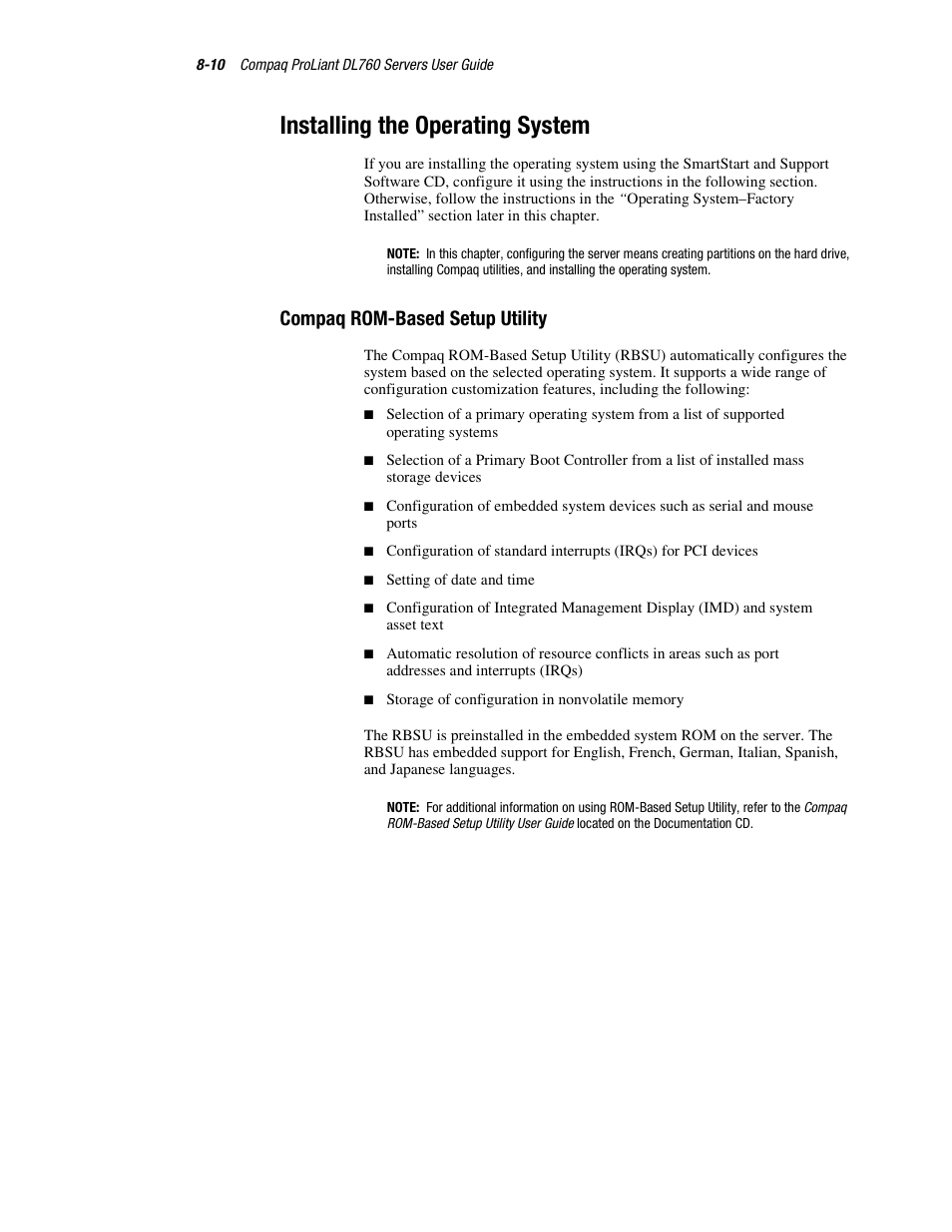 Installing the operating system, Compaq rom-based setup utility, Installing the operating system -10 | Compaq rom-based setup utility -10 | HP ProLiant DL760 Server User Manual | Page 158 / 229