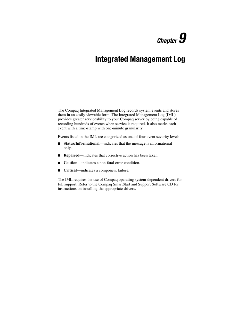 Chapter 9: integrated management log, Chapter 9, Integrated management log | Chapter | HP ProLiant DL760 Server User Manual | Page 161 / 229