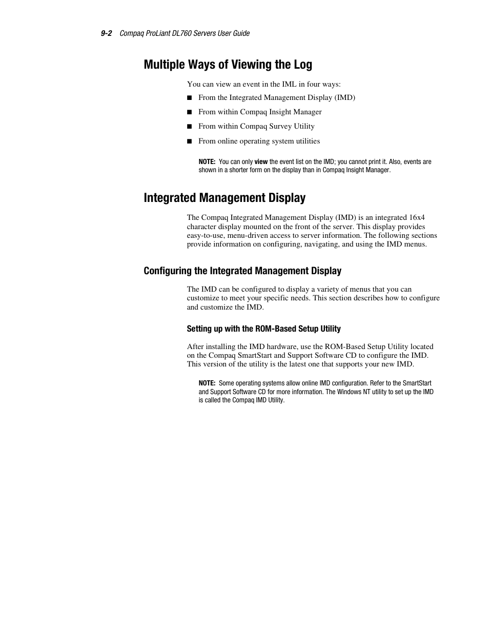 Multiple ways of viewing the log, Integrated management display, Configuring the integrated management display | Setting up with the rom-based setup utility, Configuring the integrated management display -2 | HP ProLiant DL760 Server User Manual | Page 162 / 229