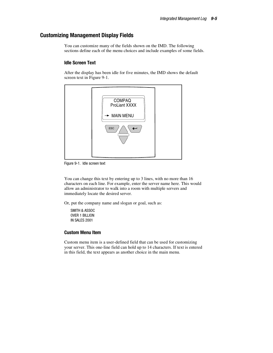 Customizing management display fields, Idle screen text, Custom menu item | Customizing management display fields -5 | HP ProLiant DL760 Server User Manual | Page 165 / 229