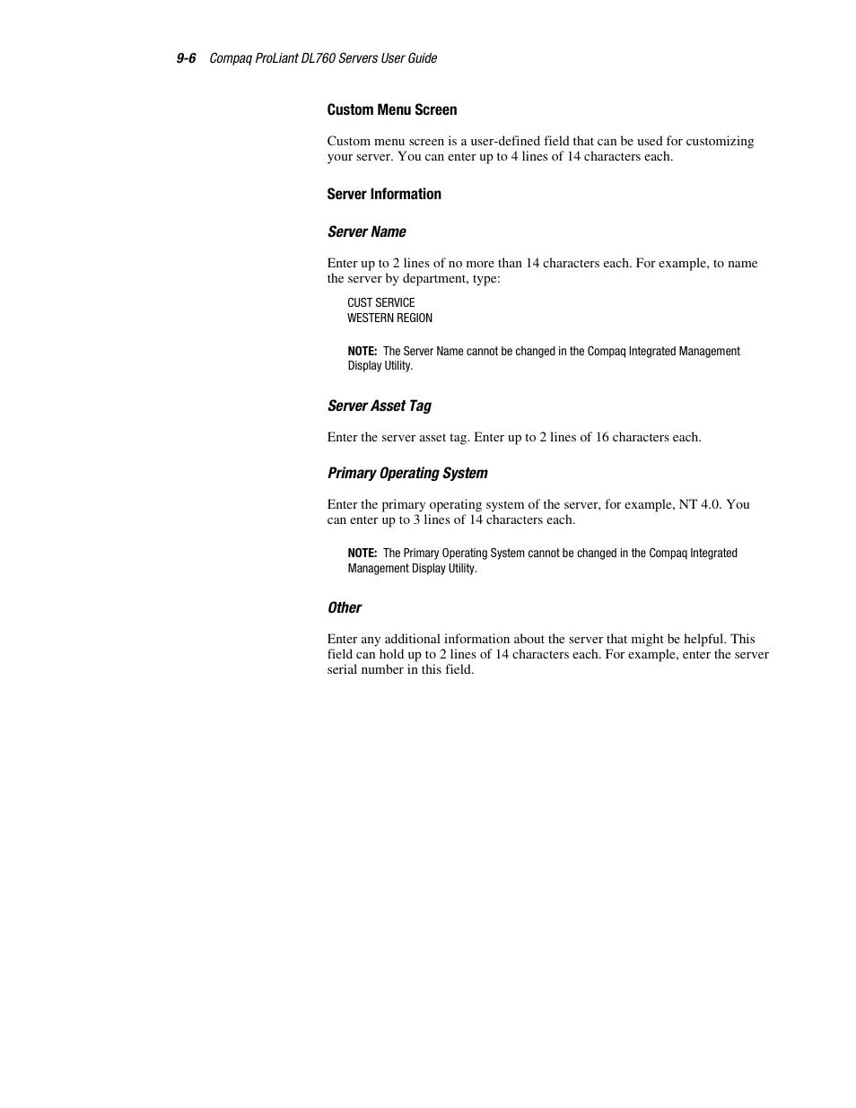 Custom menu screen, Server information | HP ProLiant DL760 Server User Manual | Page 166 / 229