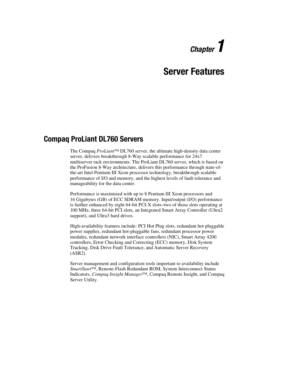 Chapter 1: server features, Compaq proliant dl760 servers, Chapter 1 | Server features, Compaq proliant dl760 servers -1, Continued | HP ProLiant DL760 Server User Manual | Page 17 / 229