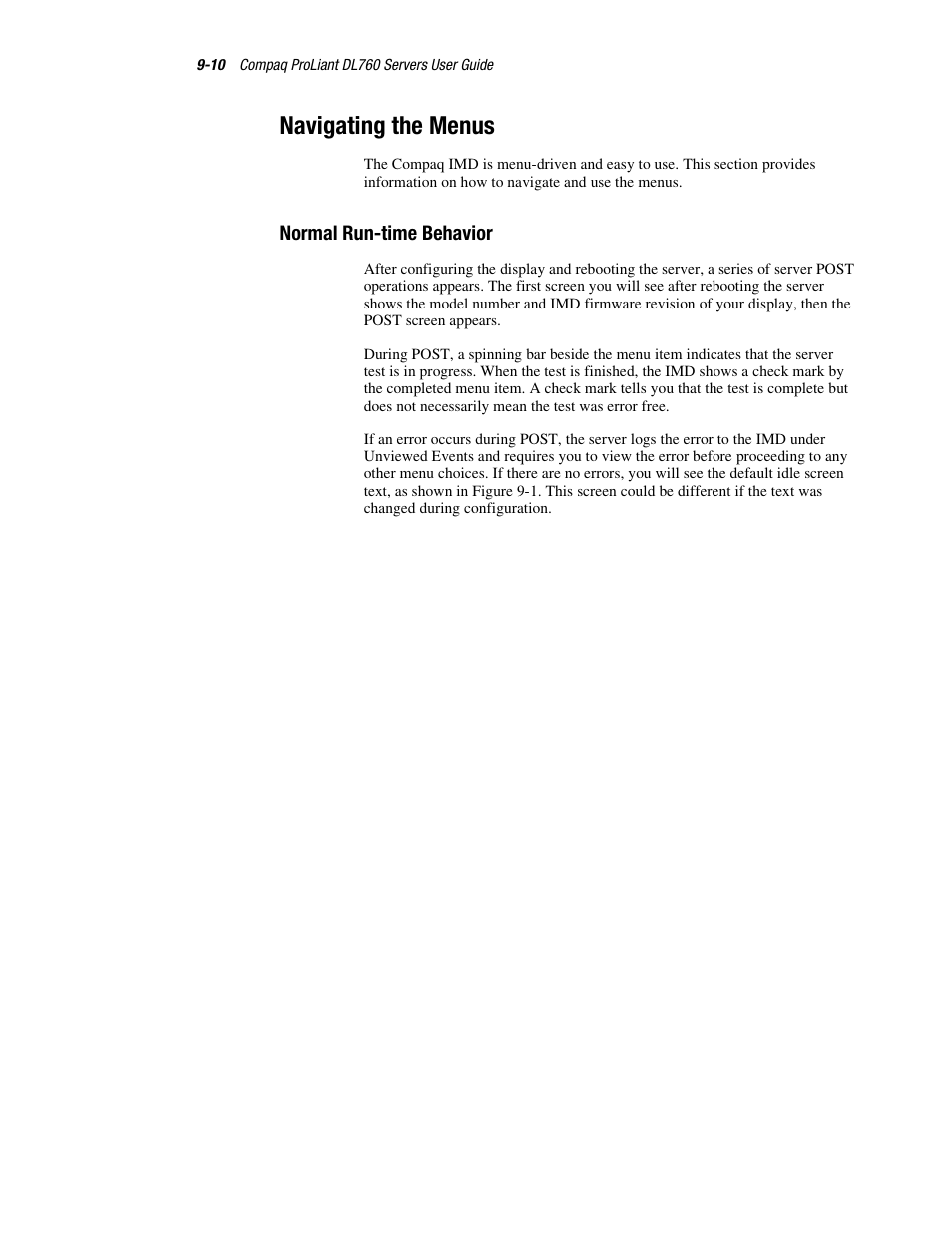 Navigating the menus, Normal run-time behavior, Navigating the menus -10 | Normal run-time behavior -10 | HP ProLiant DL760 Server User Manual | Page 170 / 229