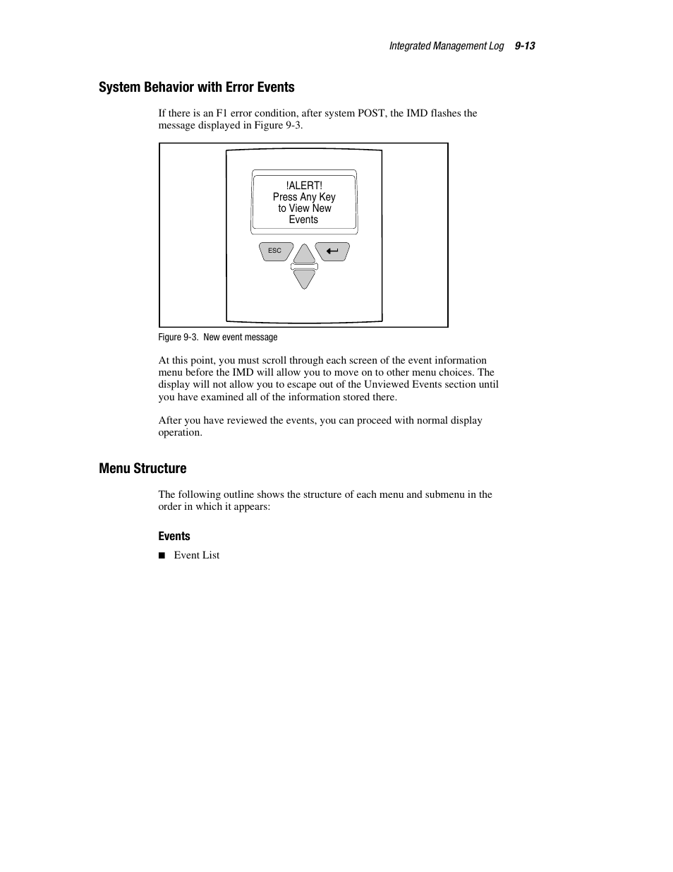 System behavior with error events, Menu structure, Events | HP ProLiant DL760 Server User Manual | Page 173 / 229