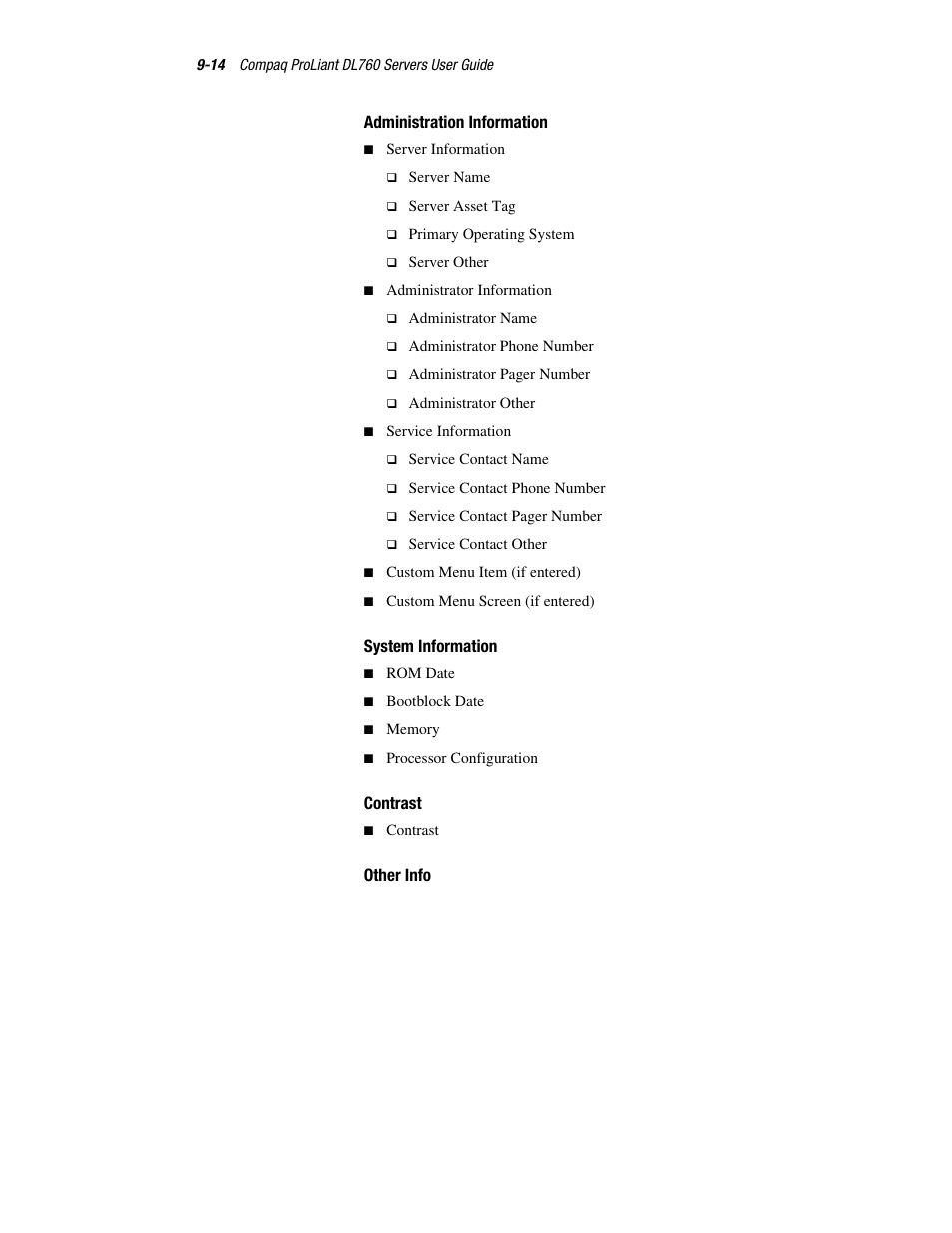 Administration information, System information, Contrast | Other info | HP ProLiant DL760 Server User Manual | Page 174 / 229