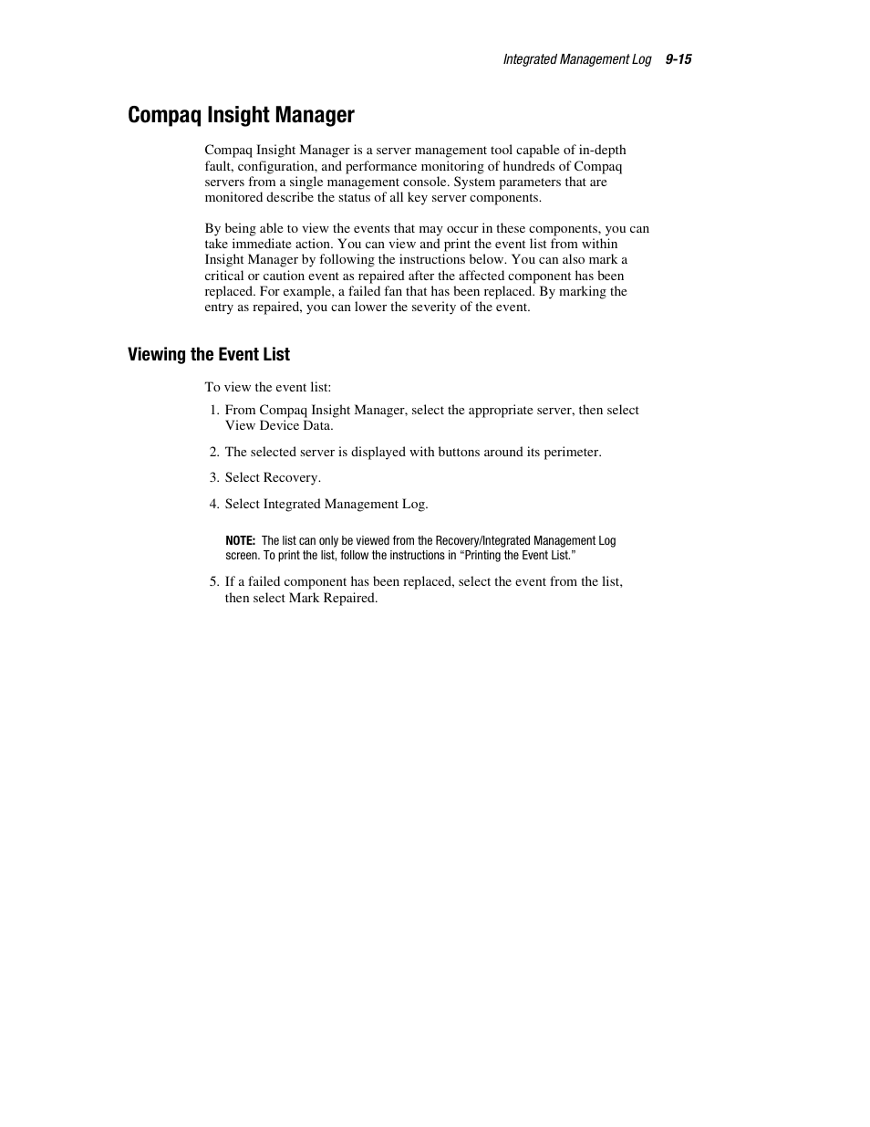 Compaq insight manager, Viewing the event list, Compaq insight manager -15 | Viewing the event list -15 | HP ProLiant DL760 Server User Manual | Page 175 / 229