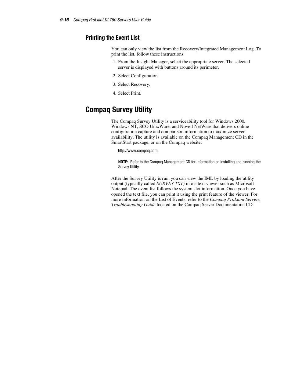 Printing the event list, Compaq survey utility, Printing the event list -16 | Compaq survey utility -16 | HP ProLiant DL760 Server User Manual | Page 176 / 229