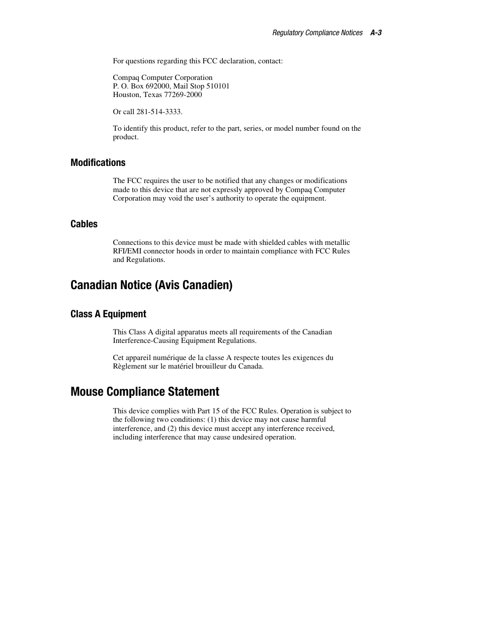 Modifications, Cables, Canadian notice (avis canadien) | Class a equipment, Mouse compliance statement | HP ProLiant DL760 Server User Manual | Page 179 / 229