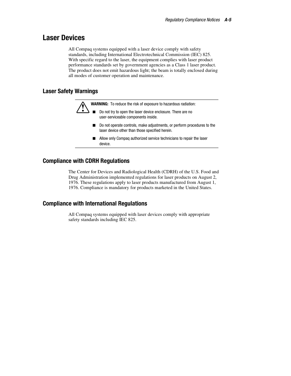 Laser devices, Laser safety warnings, Compliance with cdrh regulations | Compliance with international regulations | HP ProLiant DL760 Server User Manual | Page 181 / 229