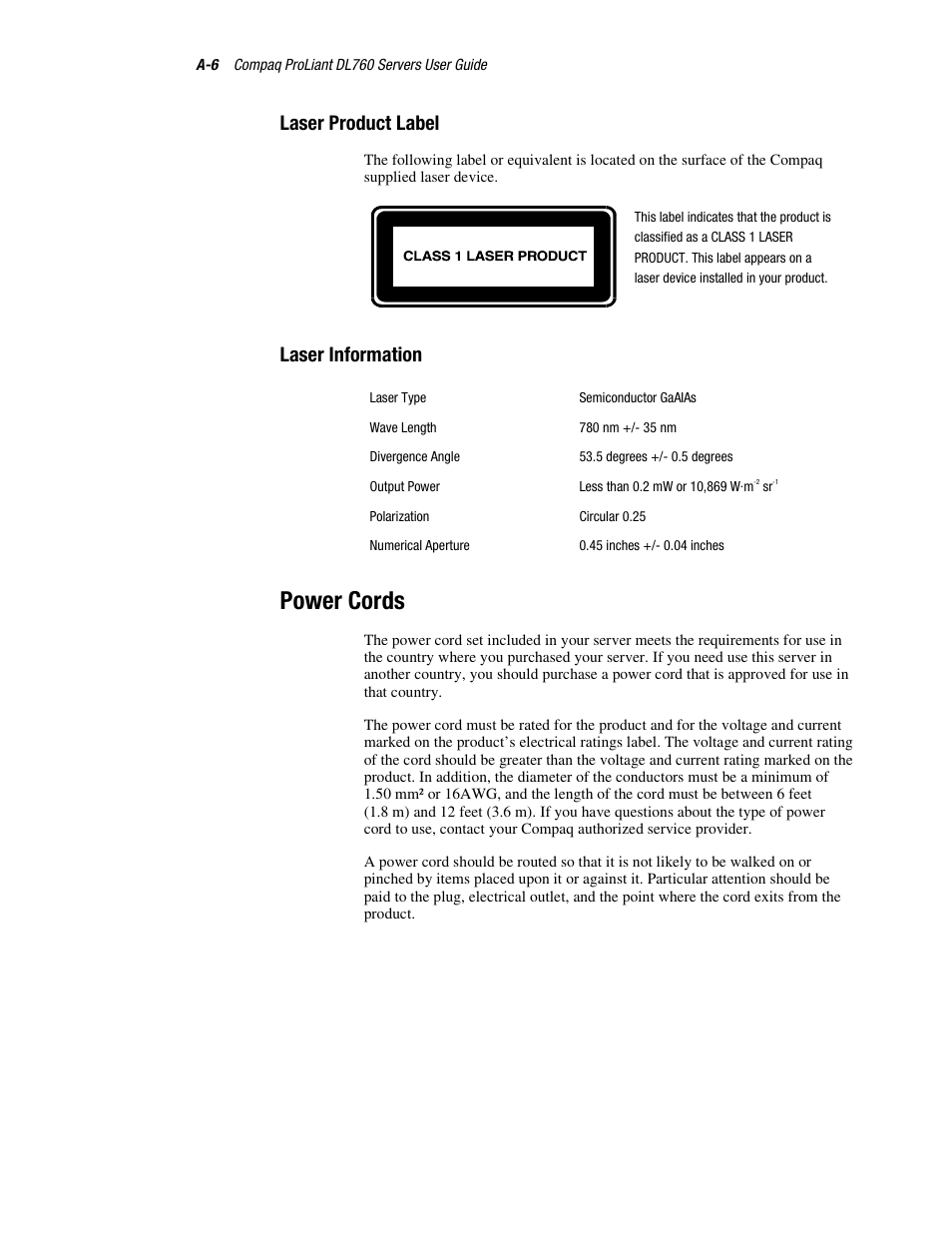 Laser product label, Laser information, Power cords | HP ProLiant DL760 Server User Manual | Page 182 / 229