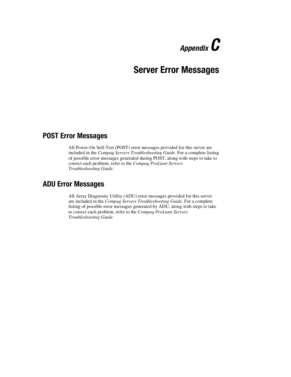 Appendix c: server error messages, Post error messages, Adu error messages | Appendix c, Server error messages | HP ProLiant DL760 Server User Manual | Page 186 / 229