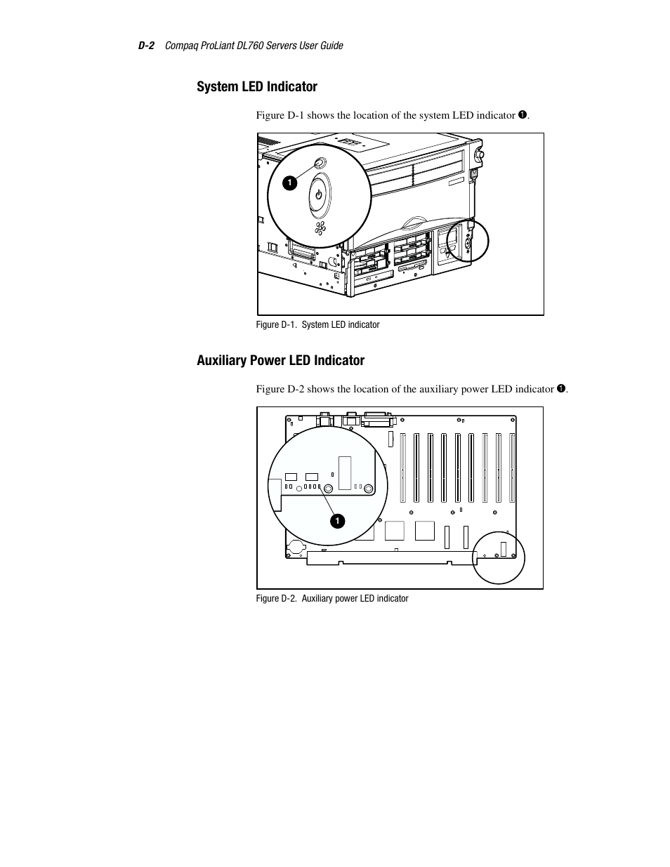 System led indicator, Auxiliary power led indicator | HP ProLiant DL760 Server User Manual | Page 188 / 229