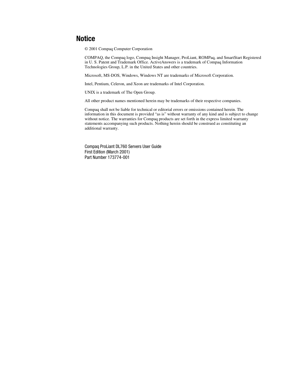 Notice | HP ProLiant DL760 Server User Manual | Page 2 / 229