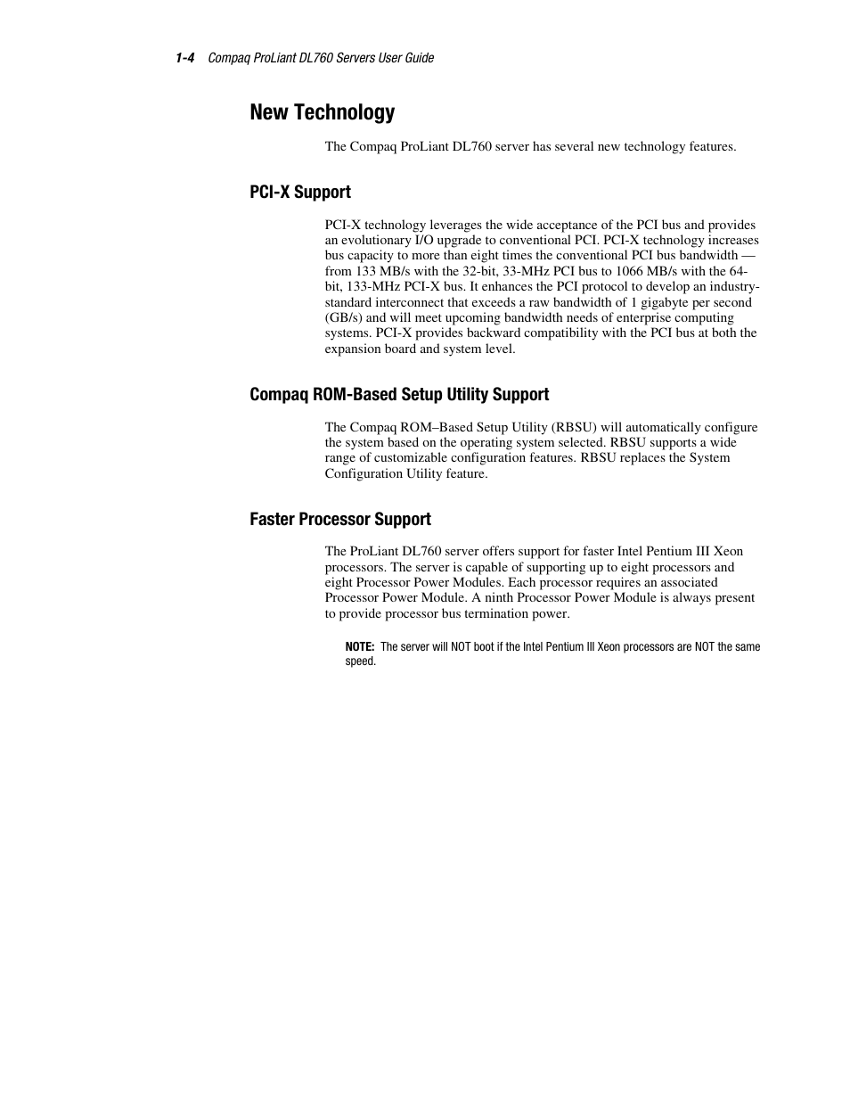 New technology, Pci-x support, Compaq rom-based setup utility support | Faster processor support, New technology -4 | HP ProLiant DL760 Server User Manual | Page 20 / 229