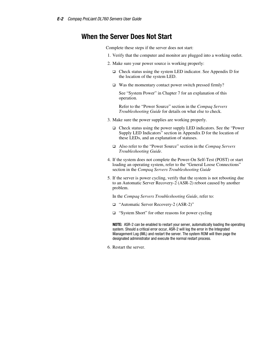 When the server does not start | HP ProLiant DL760 Server User Manual | Page 201 / 229