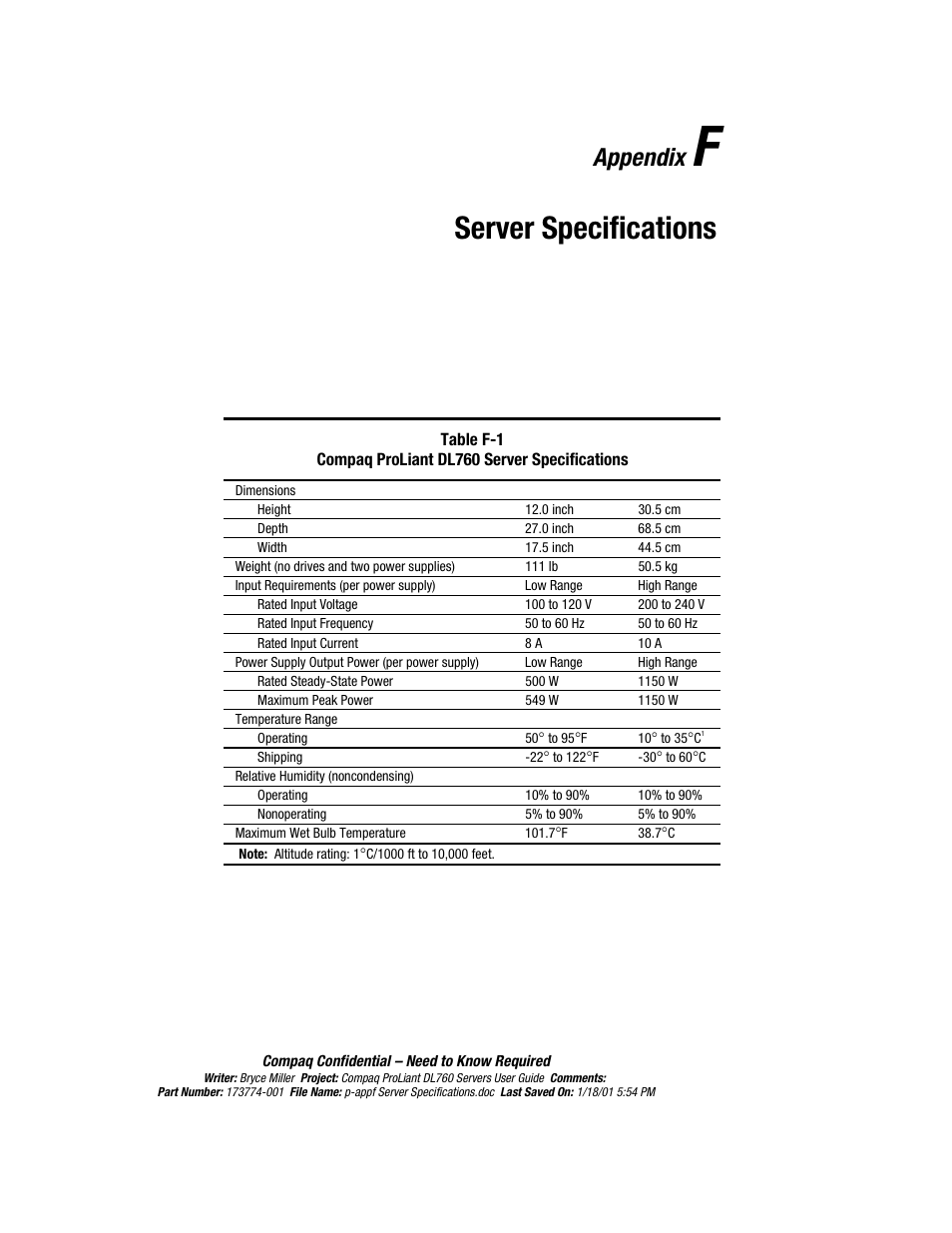 Appendix f: server specifications, Appendix f, Server specifications | Appendix | HP ProLiant DL760 Server User Manual | Page 215 / 229