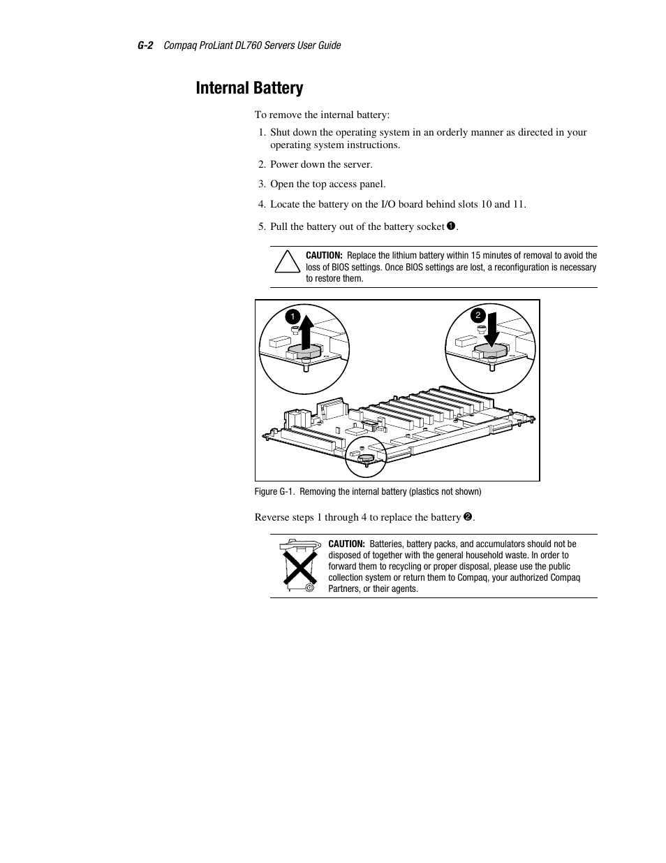 Internal battery | HP ProLiant DL760 Server User Manual | Page 217 / 229