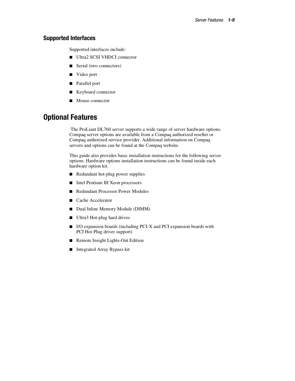 Supported interfaces, Optional features, Supported interfaces -9 | Optional features -9 | HP ProLiant DL760 Server User Manual | Page 25 / 229