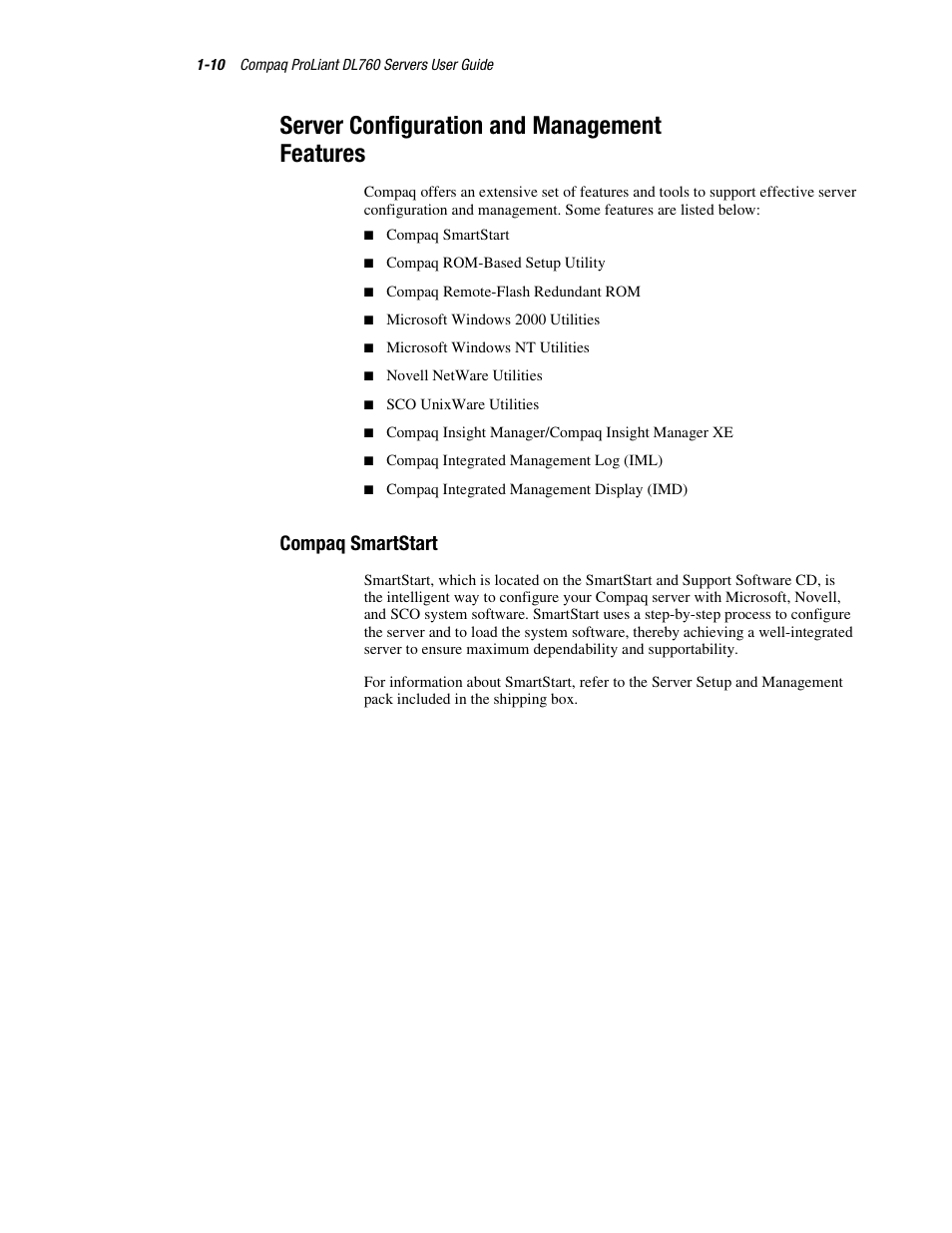 Server configuration and management features, Compaq smartstart, Server configuration and management features -10 | Compaq smartstart -10 | HP ProLiant DL760 Server User Manual | Page 26 / 229