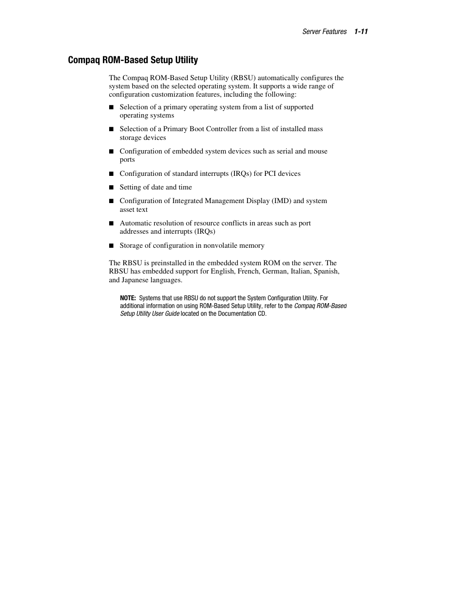 Compaq rom-based setup utility, Compaq rom-based setup utility -11 | HP ProLiant DL760 Server User Manual | Page 27 / 229