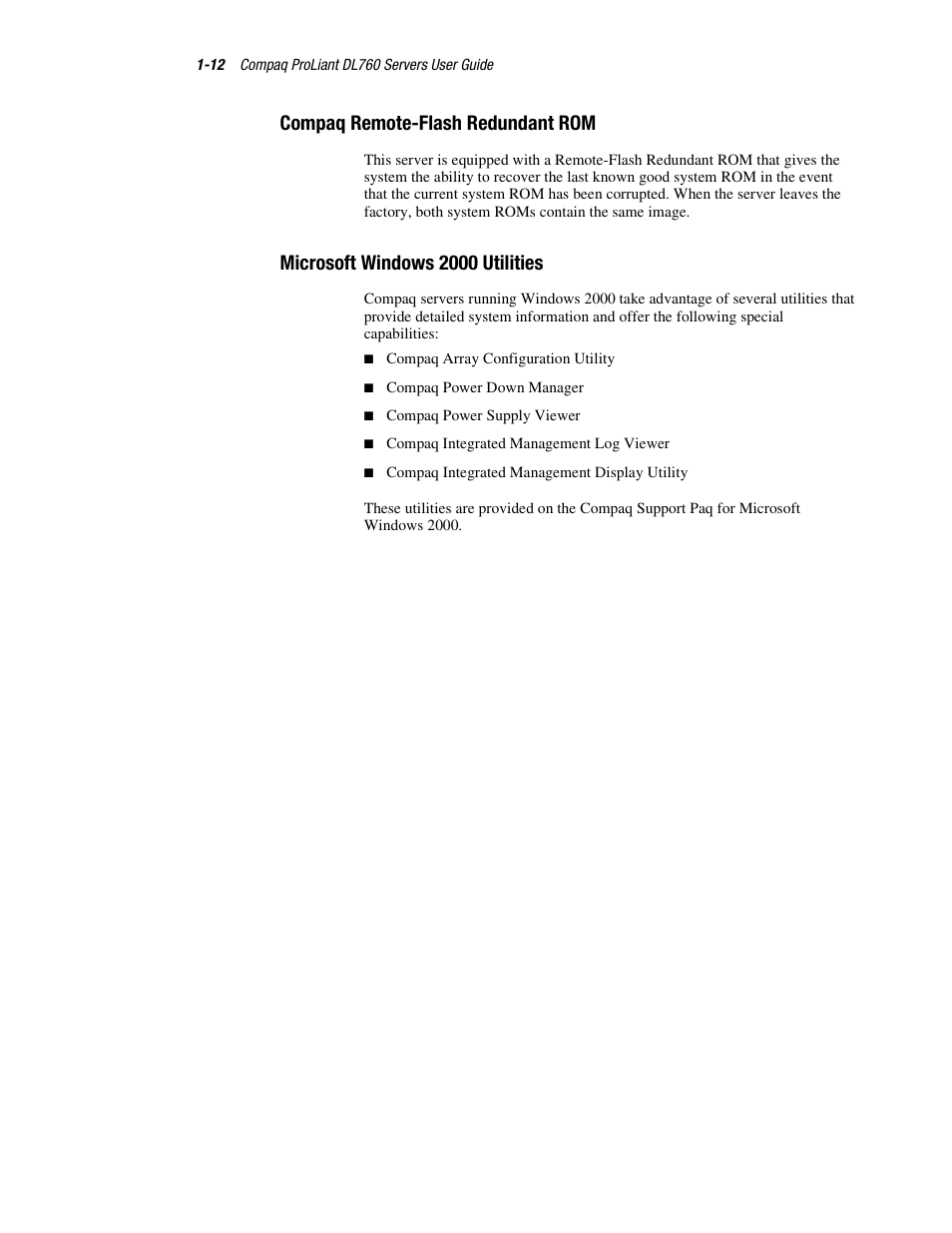 Compaq remote-flash redundant rom, Microsoft windows 2000 utilities | HP ProLiant DL760 Server User Manual | Page 28 / 229