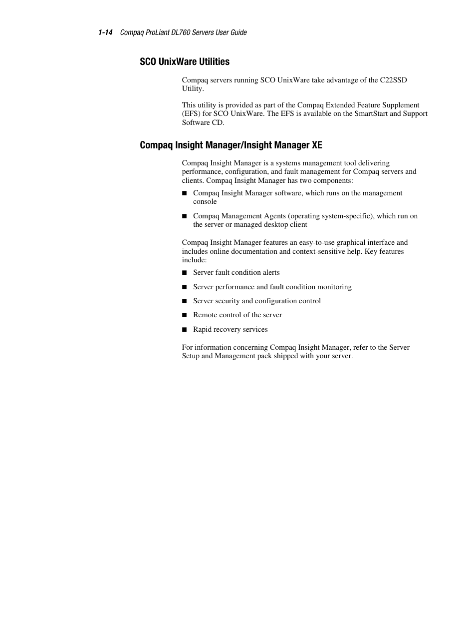 Sco unixware utilities, Compaq insight manager/insight manager xe | HP ProLiant DL760 Server User Manual | Page 30 / 229