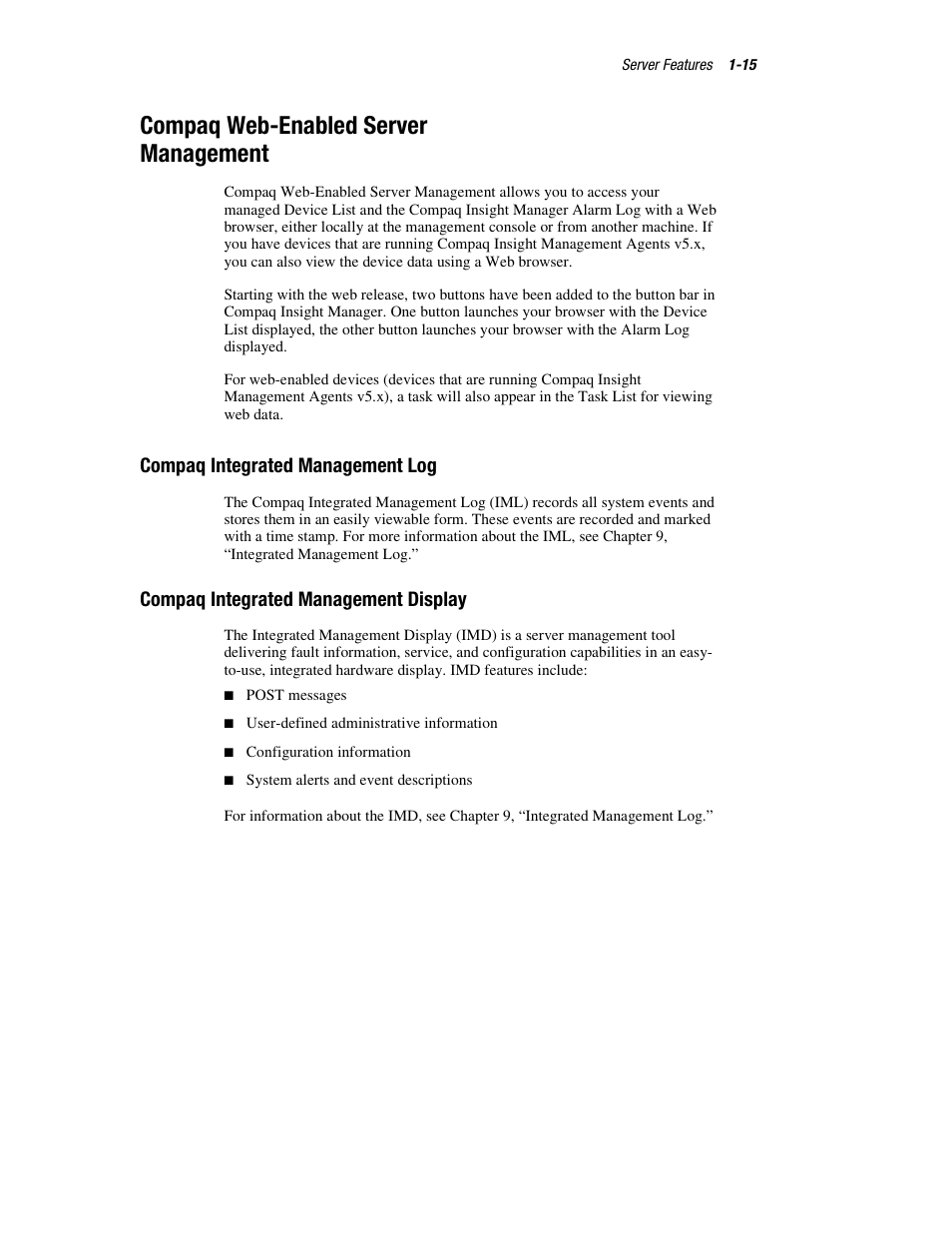 Compaq web-enabled server management, Compaq integrated management log, Compaq integrated management display | Compaq web-enabled server management -15 | HP ProLiant DL760 Server User Manual | Page 31 / 229