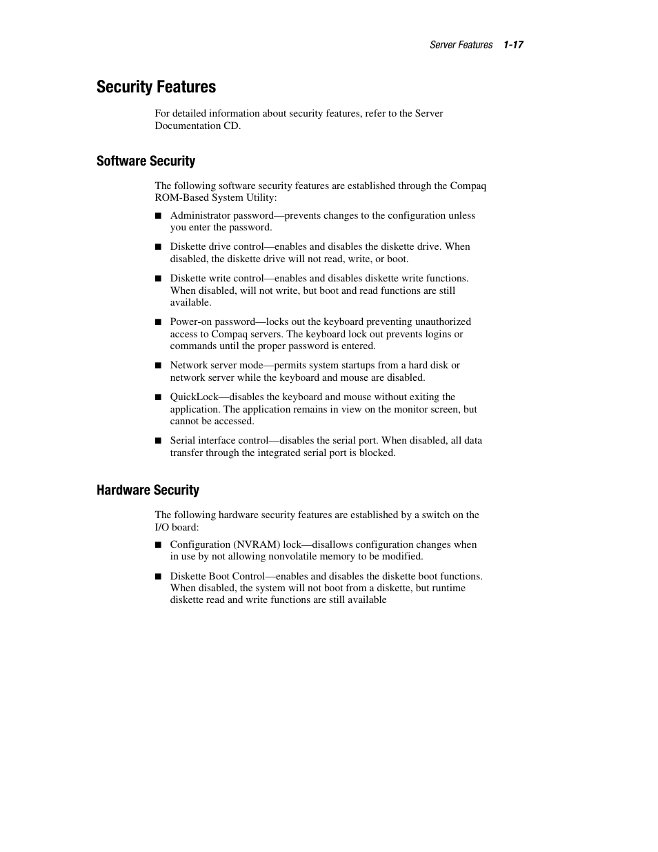 Security features, Software security, Hardware security | Security features -17, Software security -17 hardware security -17 | HP ProLiant DL760 Server User Manual | Page 33 / 229