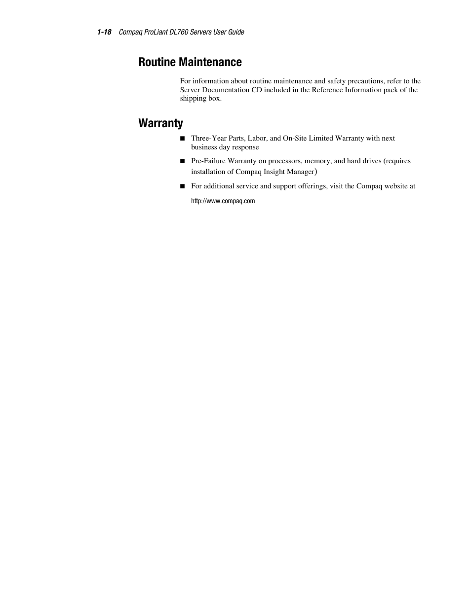 Routine maintenance, Warranty, Routine maintenance -18 warranty -18 | HP ProLiant DL760 Server User Manual | Page 34 / 229