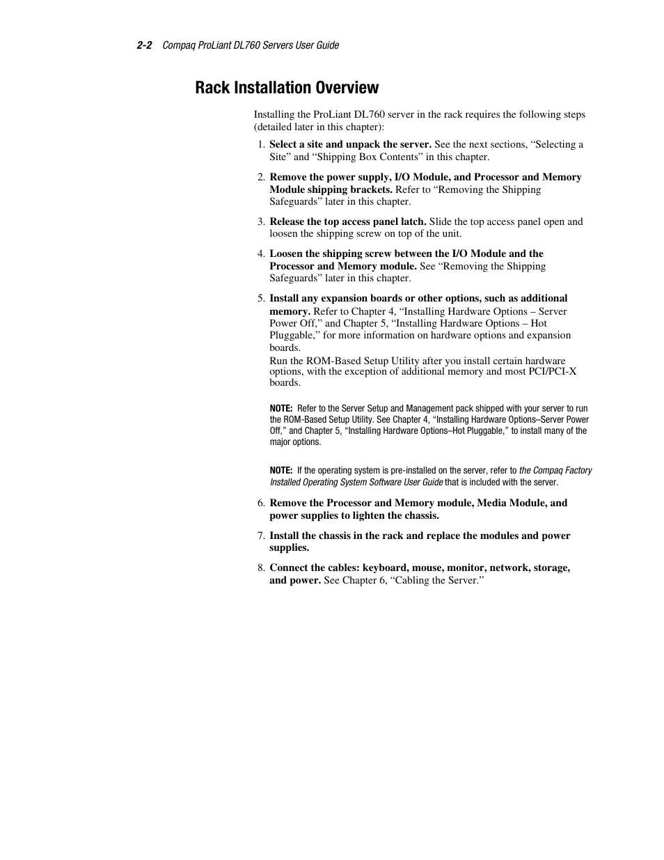 Rack installation overview, Rack installation overview -2 | HP ProLiant DL760 Server User Manual | Page 36 / 229
