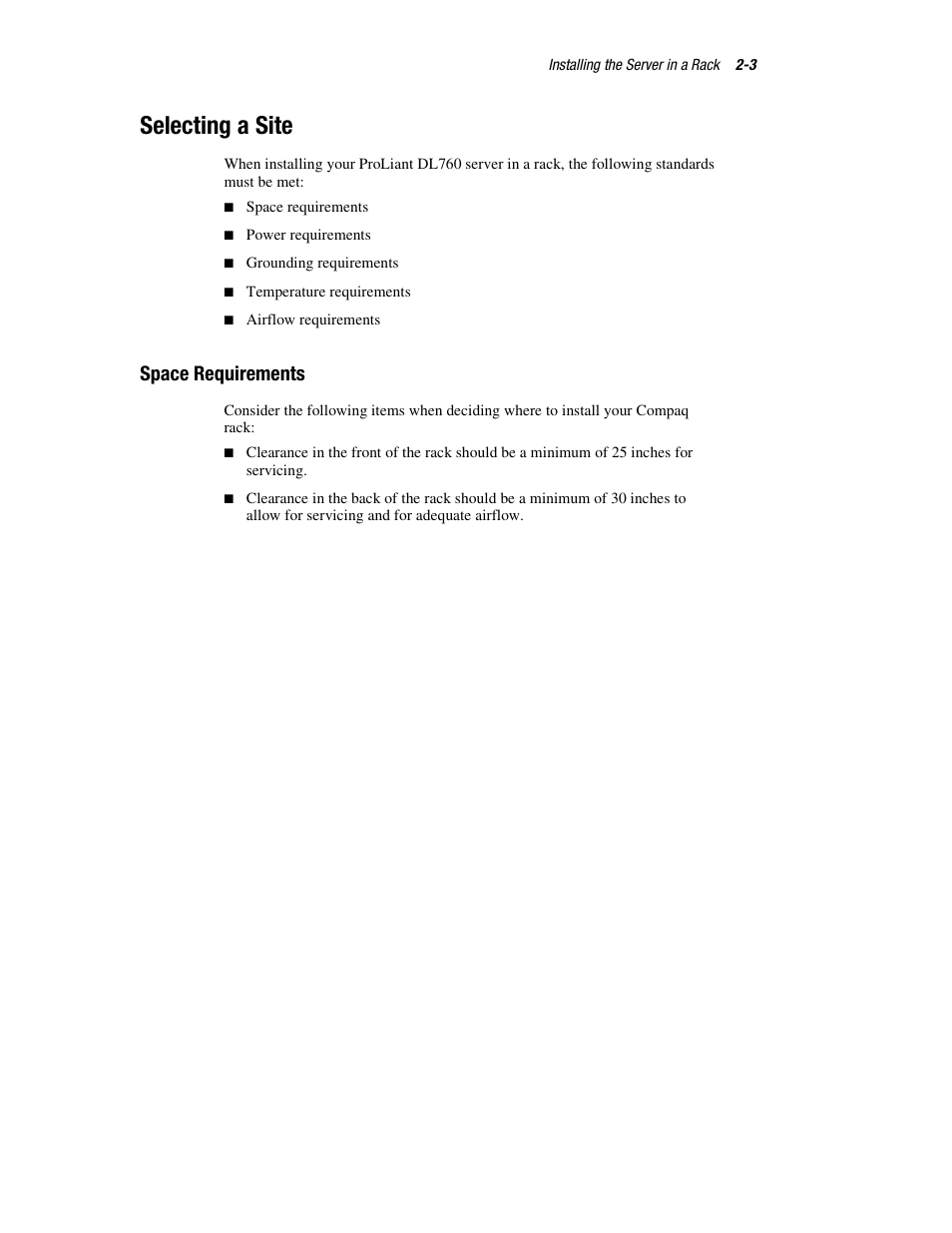 Selecting a site, Space requirements, Selecting a site -3 | Space requirements -3 | HP ProLiant DL760 Server User Manual | Page 37 / 229