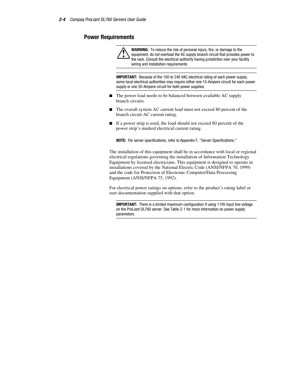 Power requirements, Power requirements -4 | HP ProLiant DL760 Server User Manual | Page 38 / 229