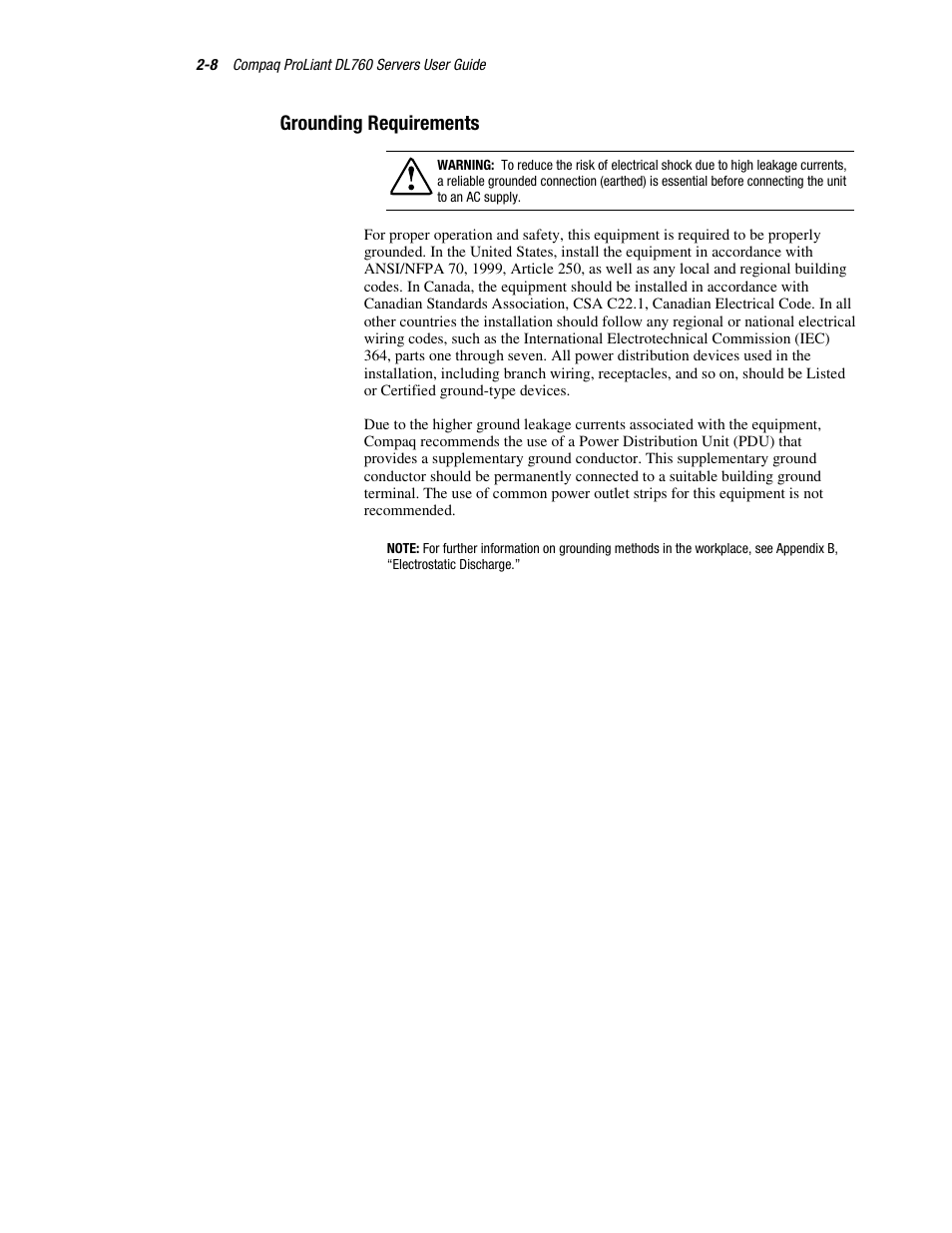 Grounding requirements, Grounding requirements -8 | HP ProLiant DL760 Server User Manual | Page 42 / 229