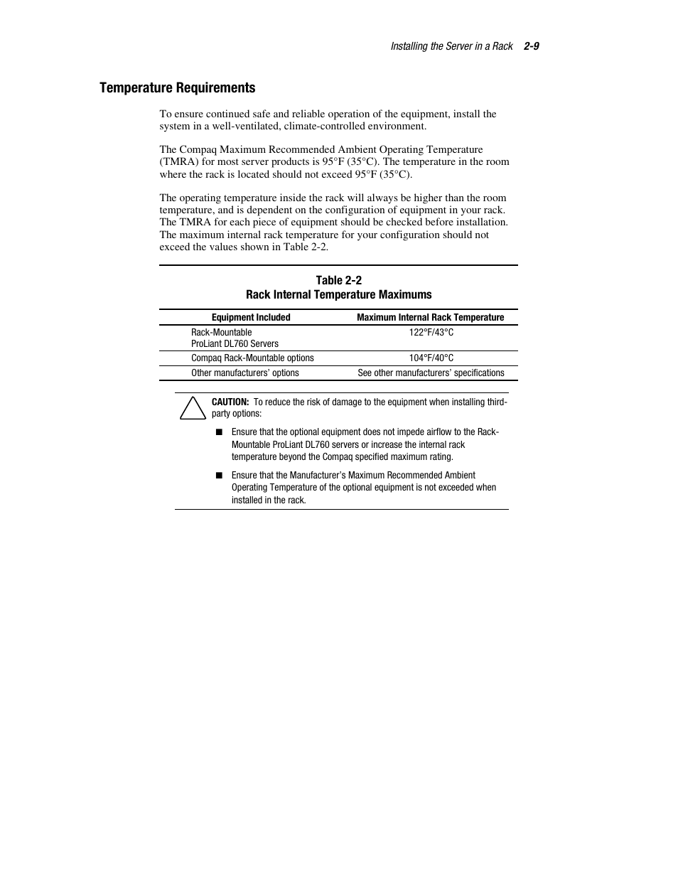 Temperature requirements, Temperature requirements -9 | HP ProLiant DL760 Server User Manual | Page 43 / 229