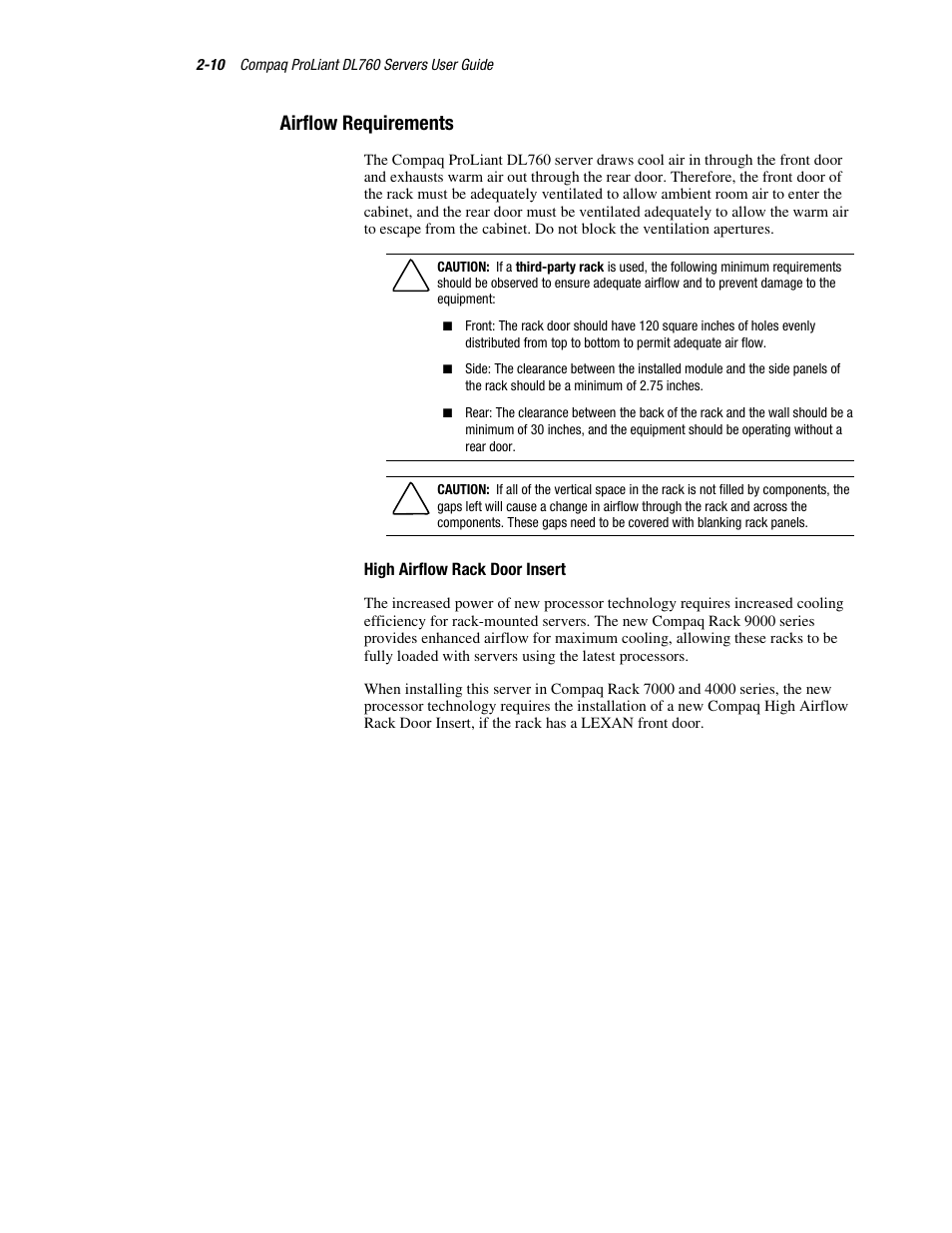 Airflow requirements, High airflow rack door insert, Airflow requirements -10 | HP ProLiant DL760 Server User Manual | Page 44 / 229