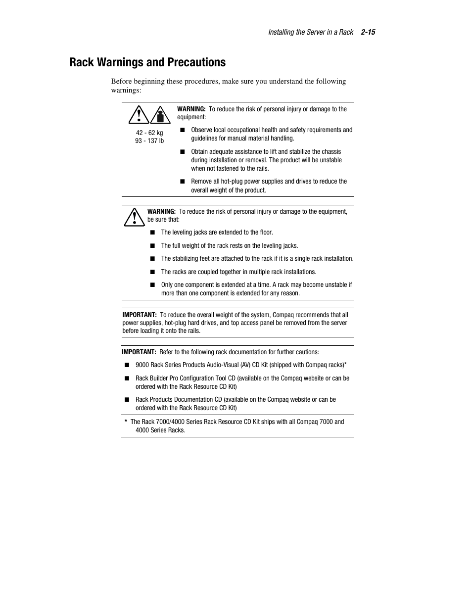 Rack warnings and precautions, Rack warnings and precautions -15 | HP ProLiant DL760 Server User Manual | Page 49 / 229