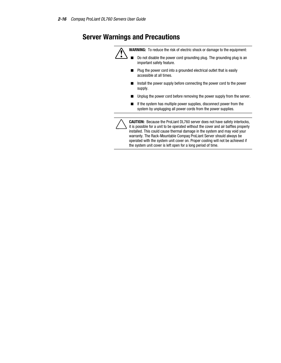 Server warnings and precautions, Server warnings and precautions -16 | HP ProLiant DL760 Server User Manual | Page 50 / 229