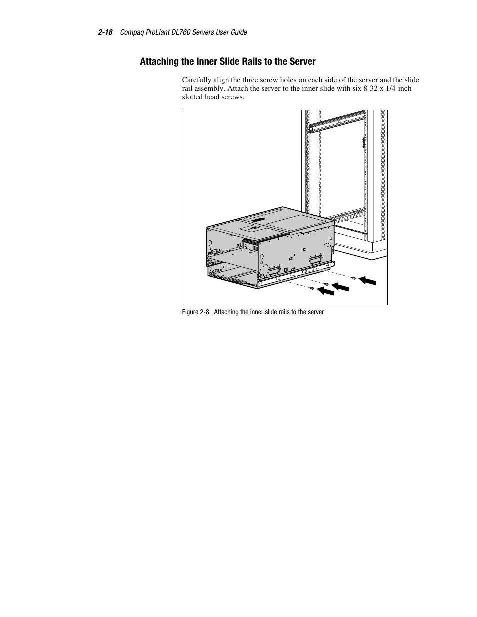 Attaching the inner slide rails to the server, Attaching the inner slide rails to the server -18 | HP ProLiant DL760 Server User Manual | Page 52 / 229