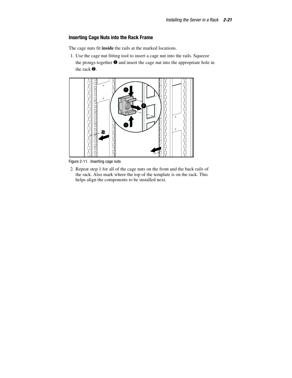 Inserting cage nuts into the rack frame | HP ProLiant DL760 Server User Manual | Page 55 / 229