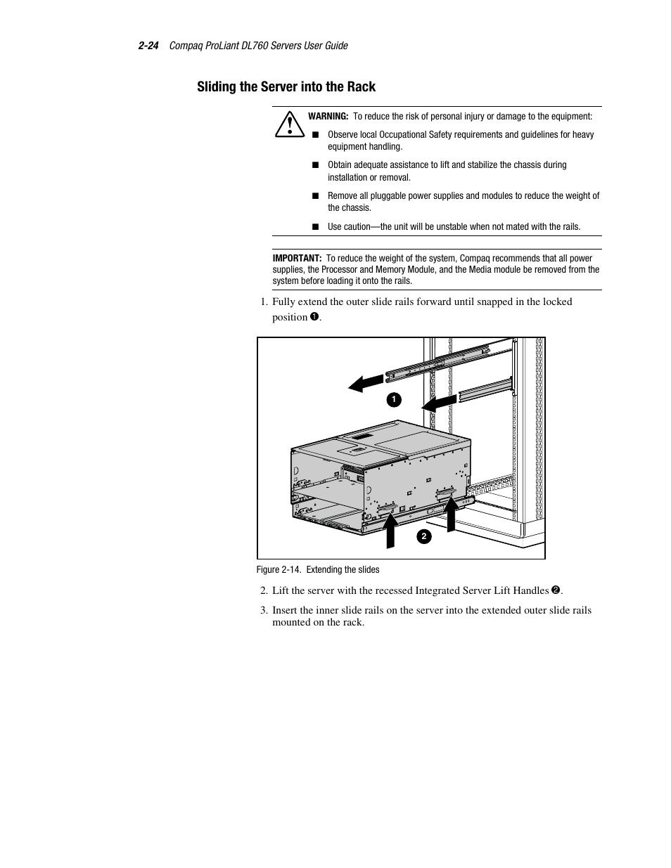 Sliding the server into the rack, Sliding the server into the rack -24 | HP ProLiant DL760 Server User Manual | Page 58 / 229