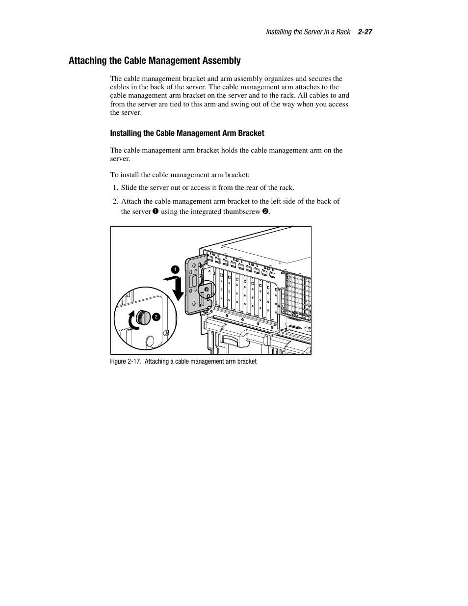 Attaching the cable management assembly, Installing the cable management arm bracket, Attaching the cable management assembly -27 | HP ProLiant DL760 Server User Manual | Page 61 / 229