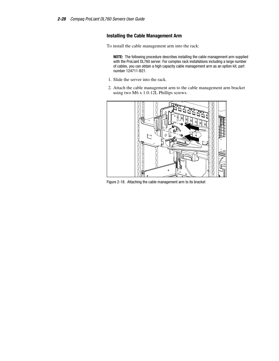 Installing the cable management arm | HP ProLiant DL760 Server User Manual | Page 62 / 229