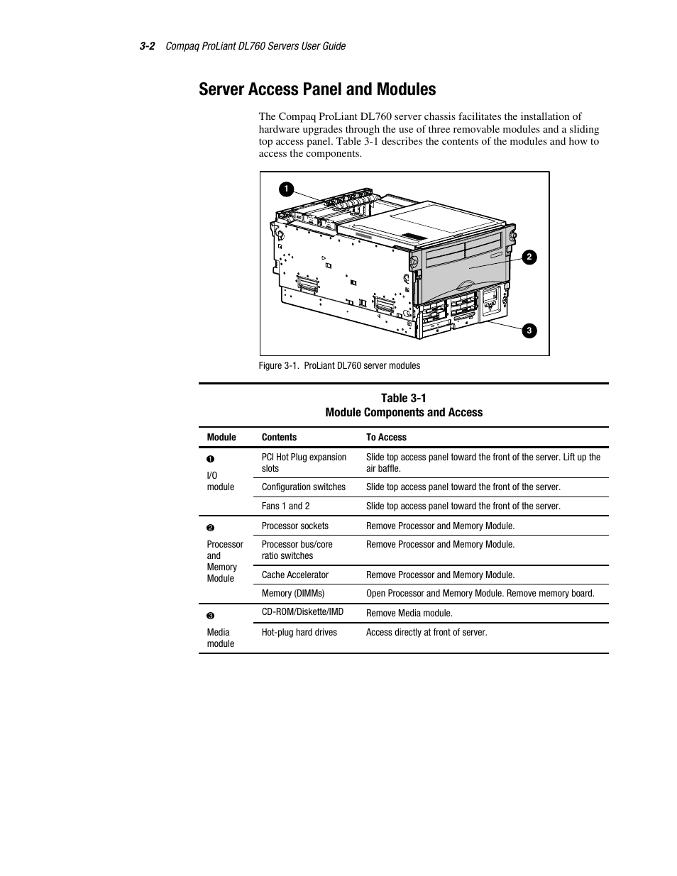 Server access panel and modules, Server access panel and modules -2 | HP ProLiant DL760 Server User Manual | Page 65 / 229