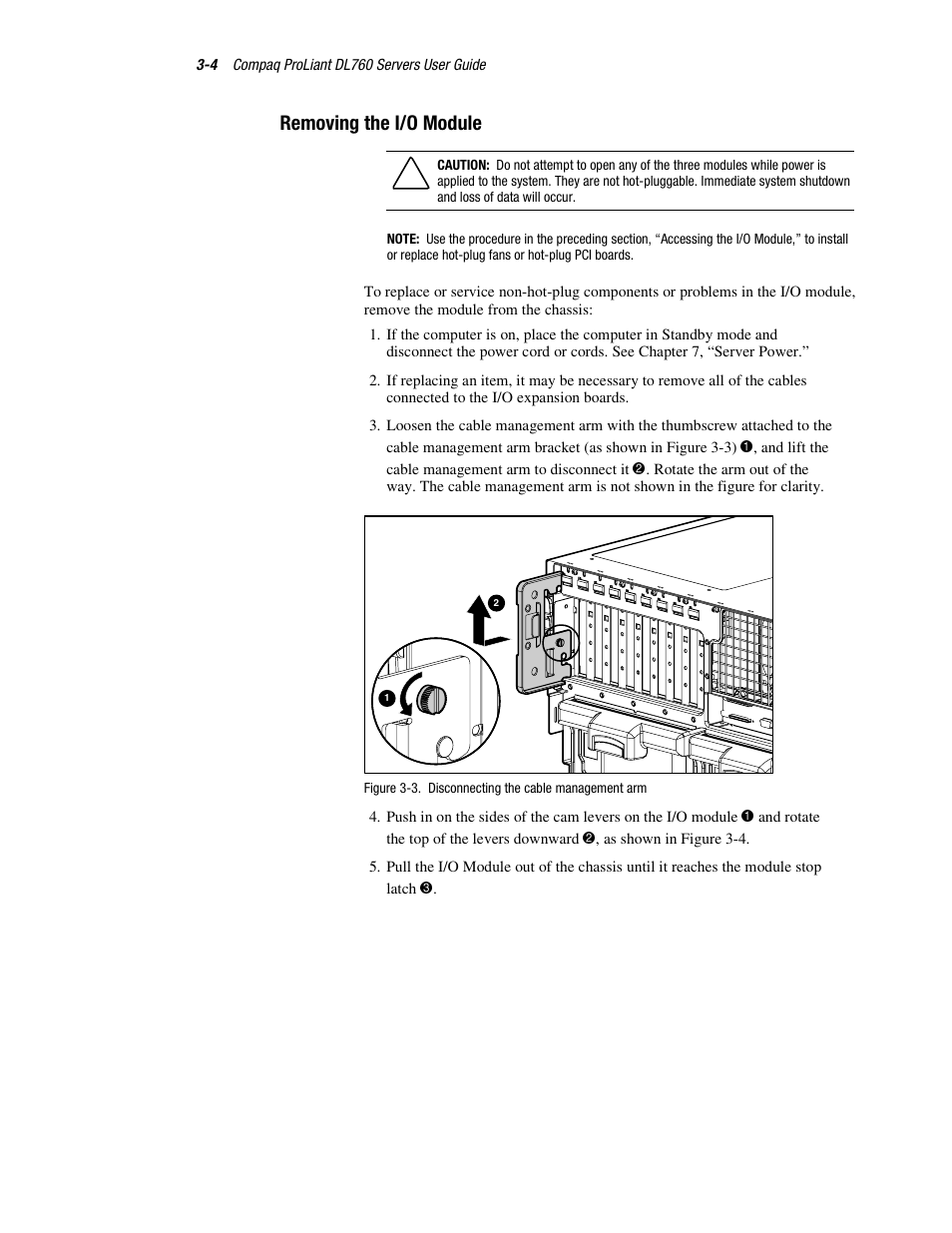 Removing the i/o module, Removing the i/o module -4 | HP ProLiant DL760 Server User Manual | Page 67 / 229