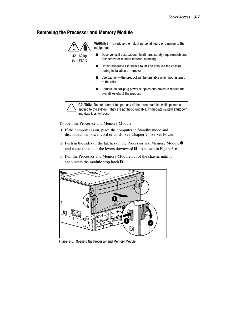 Removing the processor and memory module, Removing the processor and memory module -7 | HP ProLiant DL760 Server User Manual | Page 70 / 229